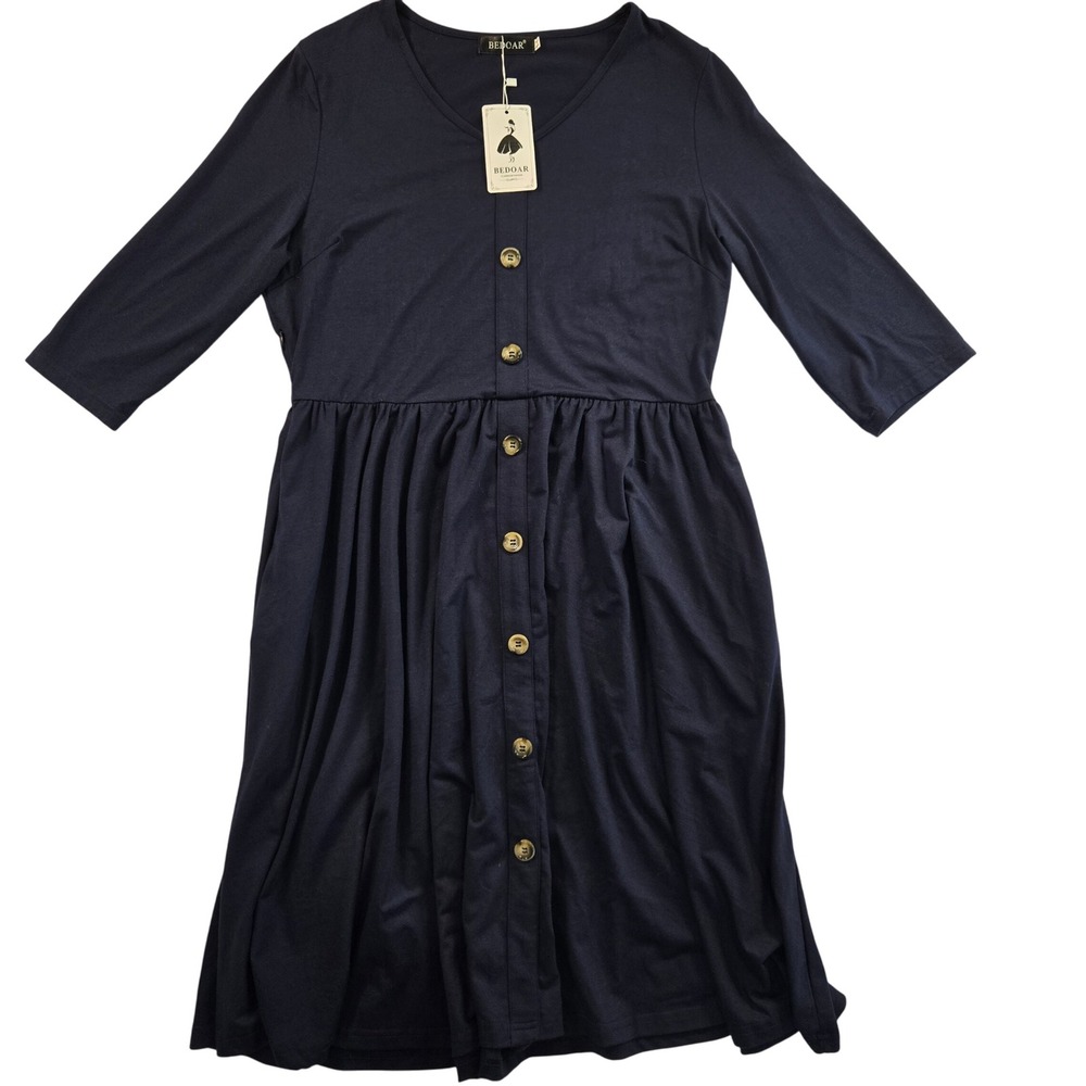 Navy Blue Womens 14 Midi Dress Office Chic Prairiecore Boho Minimalist Pockets - Picture 3 of 8